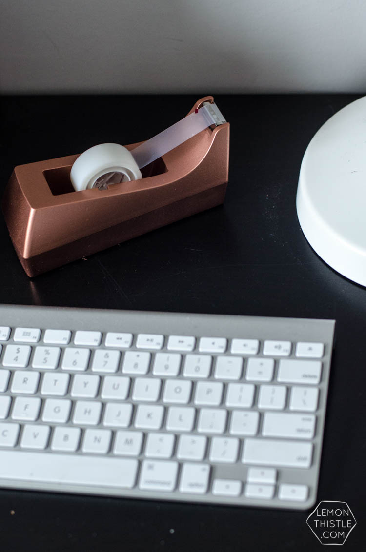 DIY Metallic Desk Accessories- I love this copper tape dispenser! 