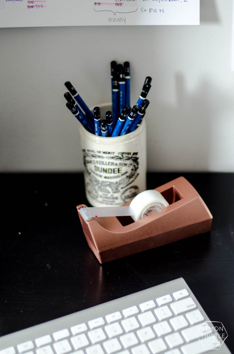 DIY Metallic Desk Accessories- I love this copper tape dispenser! 