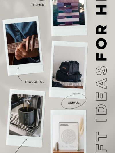 text over reads: gift ideas for him: themed, thoughtful, useful, for all budgets, quick and easy images of gift ideas for a dad for fathers day include giant jenga, custom capo, personalized duffel bags, espresso machine with beautiful mug, and custom record shaped art print.