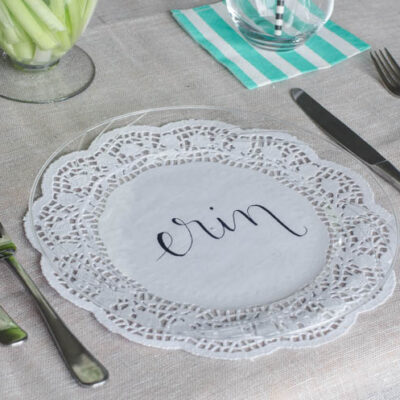 DIY Handlettered Doily Place Settings- such a gorgeous (and affordable!) tablescape