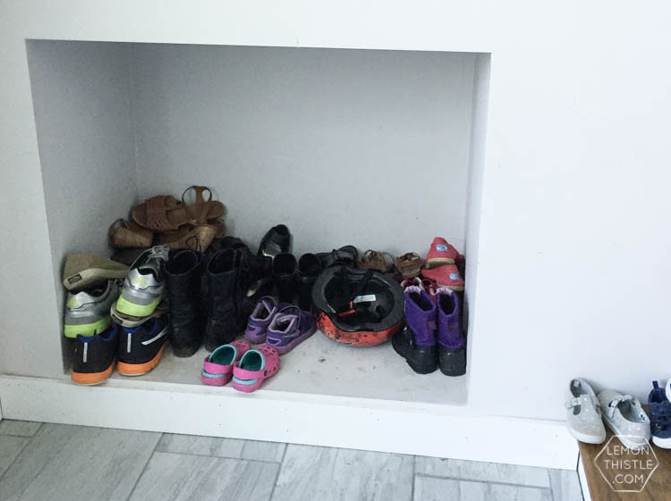 DIY Shoe Storage for a Split Level Entry - Lemon Thistle