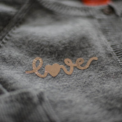 Grey Cardigan with handlettered love design in rose gold foil