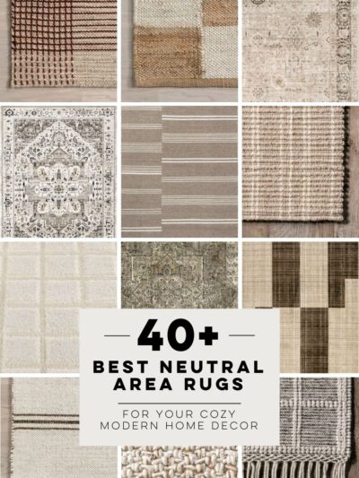 text reads: 40+ best neutral area rugs for your cozy modern home decor image is a collage of neutral area rugs from the blog post